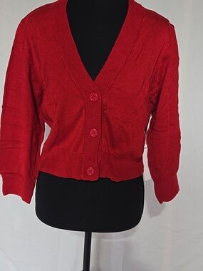 NWT Ye MAK Cropped Sweater Cardigan Red 3/4 Sleeve 1x